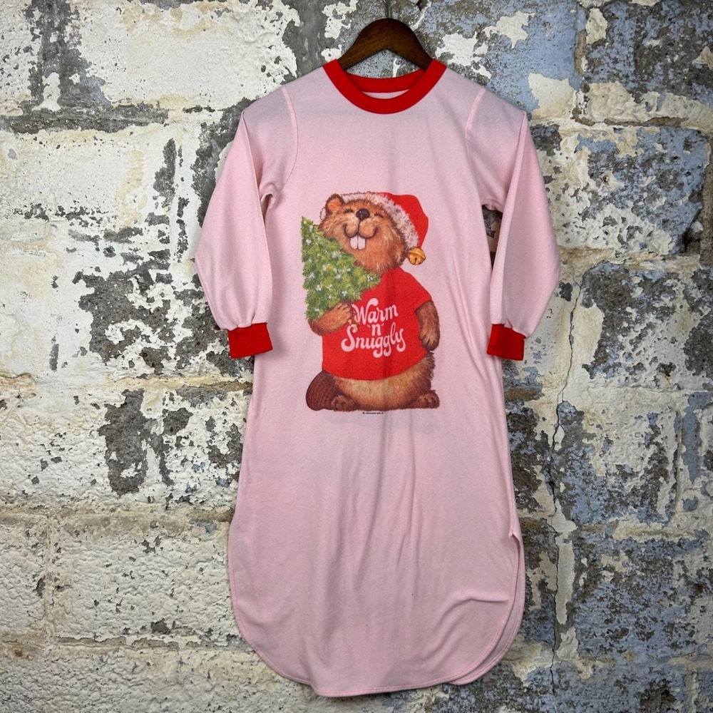 Hallmark Nightgown Kids S Pink Good Vintage 1980 Christmas Beaver Fleece